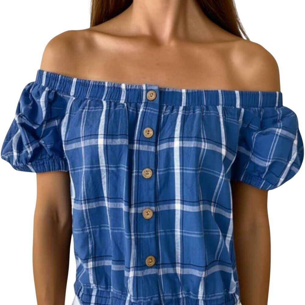 Clockhouse Blue Plaid Off-Shoulder Puff Sleeve Top S